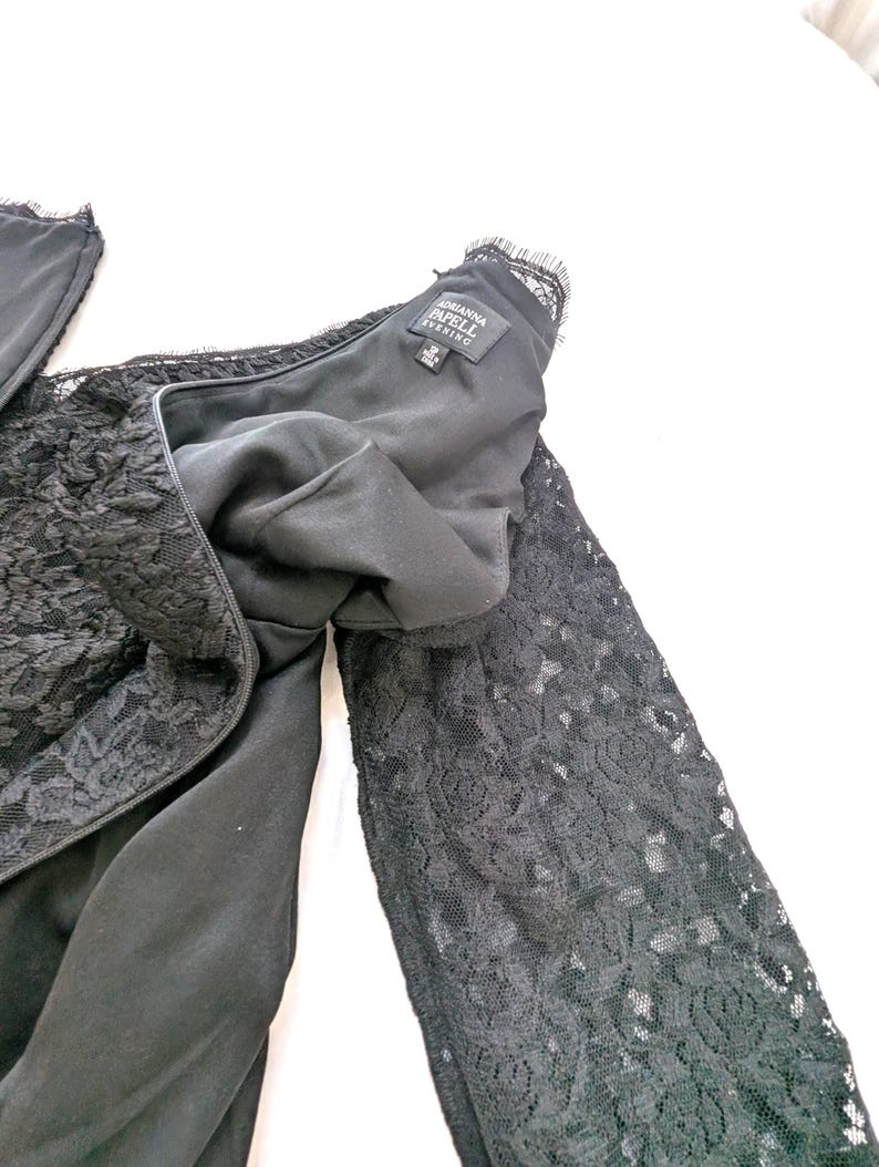 May include: Black lace dress with long sleeves. The dress features a delicate floral lace pattern and a scoop neckline. The label reads "Adrianna Papell Evening".