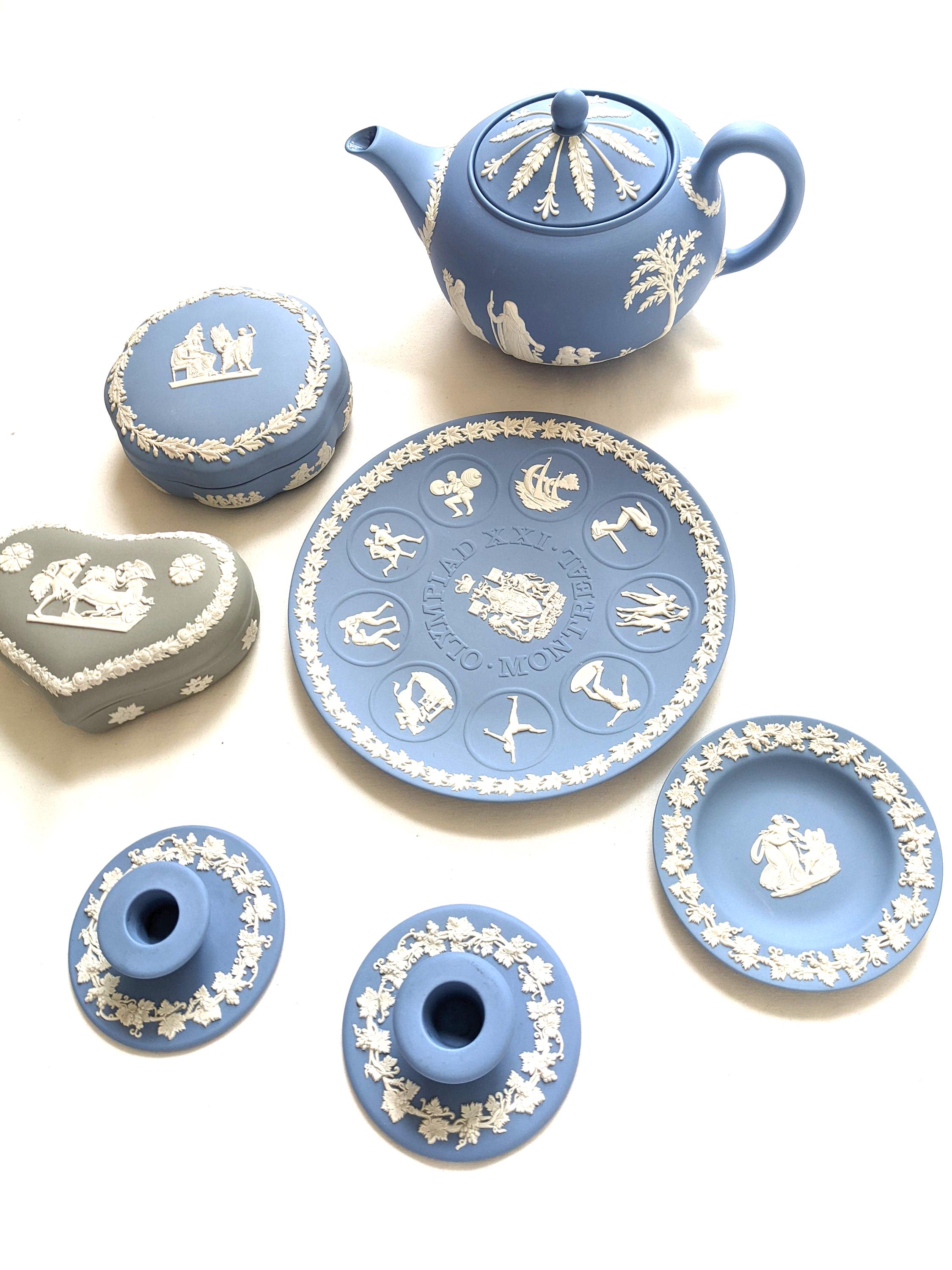 Wedgwood Jasperware Collection: Teapot, Candleholders, Plate