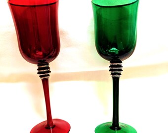 Emerald Green & Red Wine Goblets: Silver Banded Christmas Glasses