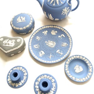 Wedgwood Jasperware Collection: Teapot, Candleholders, Plate, Trinket Box