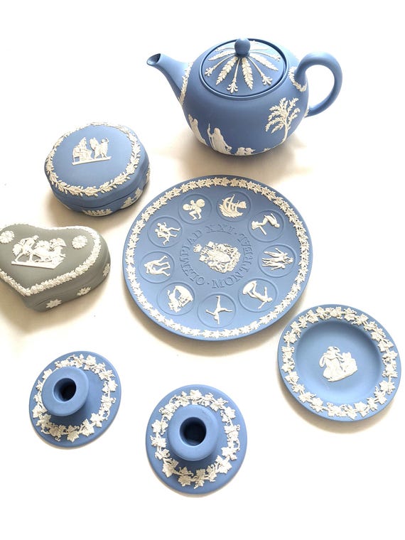 置物  miniature Blue JASPER WARE Set Vintage Wedgwood Blue Jasperware Mini Miniature 10 Piece Tea