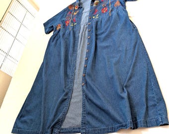 Anna Maxwell Floral Embroidery Denim Women Long Dress Size 3X Short Sleeve Button  2Pockets