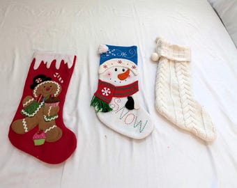 3Christmas Stockings: Gingerbread Boy/Snowman/Cable Knit