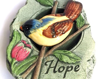 Handcrafted Ceramic Garden Stone: HOPE Inscription, Porcelain Bird