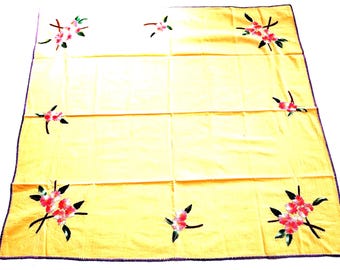 Hand Embroidered Floral Table Topper: Apple Blossom Folk Art
