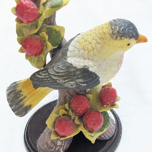 Folk Art 3D Handcraft Ceramic Bird Figurine Pedestal Goldfinch Sitting on Branch/Wild Red Berries Lefton? Rustic Country Cottage Log Cabin