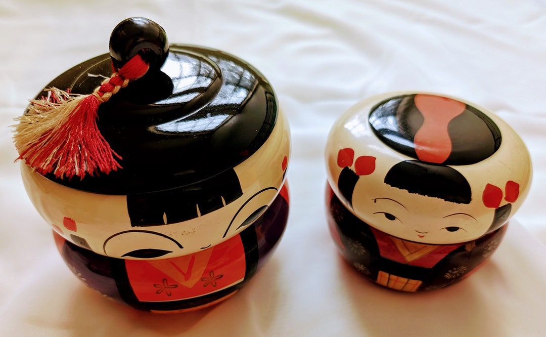 Vintage Japanese Folk Art KOKESHI Girl Dolls Lidded Matching