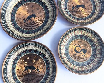 Vintage Copper Enamel Plates: Impala Antelope, Geometric Greek Design, Set of 4