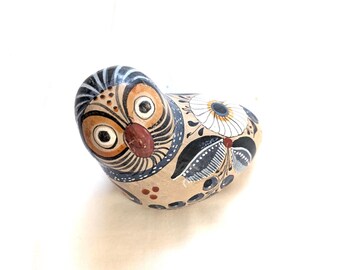 Mexican TONALA 5"Owl 3D Handcraft Paint Whimsical Anthropology Large Floral Theme 1970