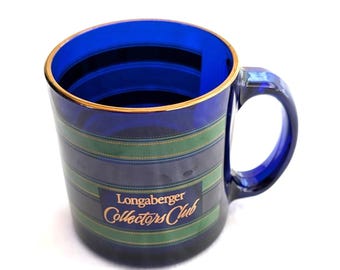 Longaberger Collectors Club MUG Royal Blue Glass Green Gold Stripes RARE
