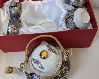 22k Gold Teapot Set: Wild Geese & Roses, Original Box