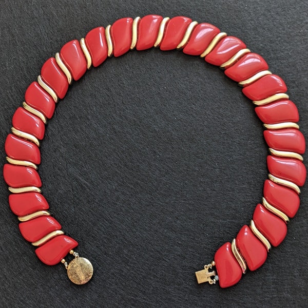 Red/Gold Tone Necklace/Choker Lucite Egyptian style necklace 19"L x 1"W Vintage Attractive Bold Elegant Eclectic  Valentine's/Mother's Day