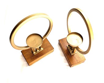 Pair of MCM Brass and Wood Candle Holders, Chamberstick