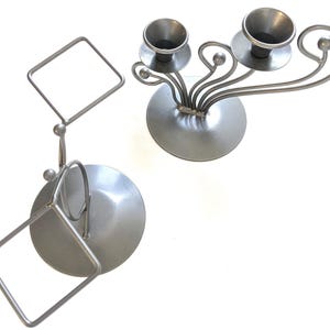 Handmade Geometric Double Candle Holder: Metallic Silver Tone