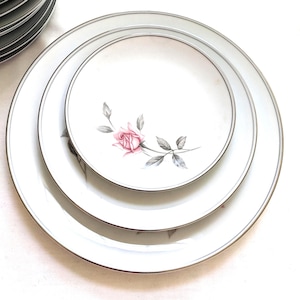 Noritake China/Japan 6044 Rosemarie Dinner Plates 3 Different Price/Size 10.5/8.25/6.25&quot;D Silver/Gray Rim 2 Pink Rose Fine Glossy Porcelain