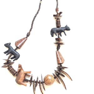 Hand Carved Wood Statement Necklace: Tribal Safari Boho 30&quot;