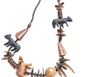 Hand Carved Wood Statement Necklace: Tribal Safari Boho 30"