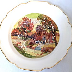 D T Signed Oil Hand Craft/Paint Scalloped Gold Rim Gild Porcelain Plate 1950 Nature Vivid Fall Colors Old Barn/Fence Country Rustic Folk Art