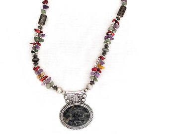 Jasper Medallion Necklace 2Strands Multi-Stone Chips Quartz Coral Amethyst Jade