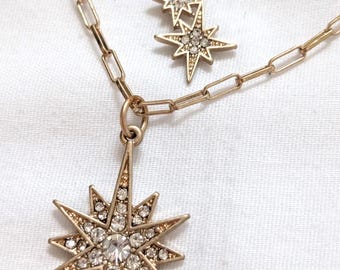 North Star Starburst 2Strand Necklace Gold Plated Chain 2Charms Clear C Z Crystals