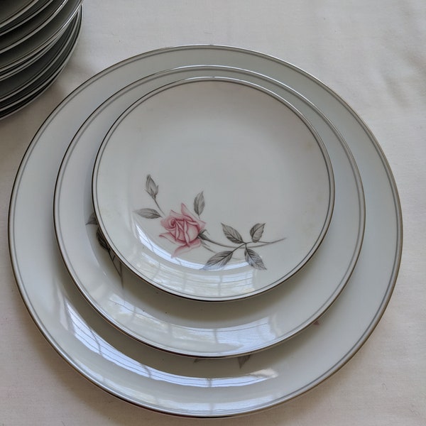 Noritake China/Japan 6044 Rosemarie Dinner Plates 3 Different Price/Size 10.5/8.25/6.25"D Silver/Gray Rim 2 Pink Rose Fine Glossy Porcelain