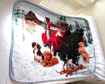 Christmas Plush Throw Blanket Reversible Red Truck Tree Farm Puppy 50" x 60"