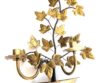 Italian Gilt Tole ‘Ivy’ Double Candle Holder Wall Scone 1940s