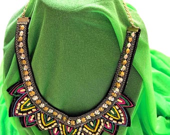 UV Glow Handmade Braided Bead Bib Necklace 23"L Nepal Tibetan
