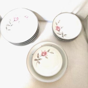 Noritake China/Japan 6044 Rosemarie Bowls Silver/Gray Lining Rim 2 Pink Roses with Gray Stem/Leaves 2 different sizes 5.5&quot;D and 7.25&quot;D
