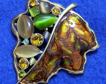 UV GLOW Enamel Oak Leaf Brooch: CZ & Cabochon Stones, Fall Colors