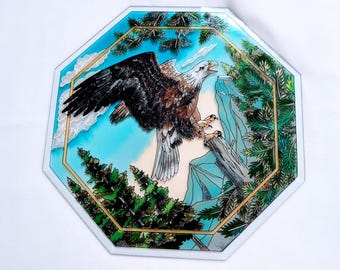 Hand-Painted American Eagle Glass Art: Patriotic Octagon Decor