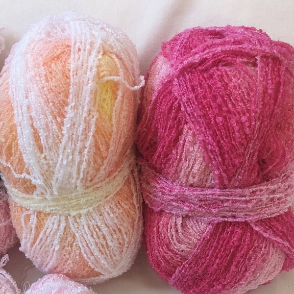 Yarn Lovers Sensations Rainbow Boucle 3diff Col/Qty: 2 or 1 1/4 Shimmer Pink 1Peach 1Dark Pink  11oz/614yds 75/116/9 Acrylic/Polyester 4Med