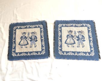 Reversible Set2 Blue Austrian Dancers 14" Square Placemats Woven Tapestry