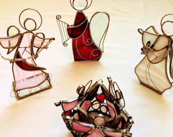 Stained Glass Angel Tealight Holder: Iridescent Wings, Slag Glass, Folk Art Christmas Decor