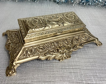 Victorian Rococo, antique stamp storage box, brass decor, home office gift,