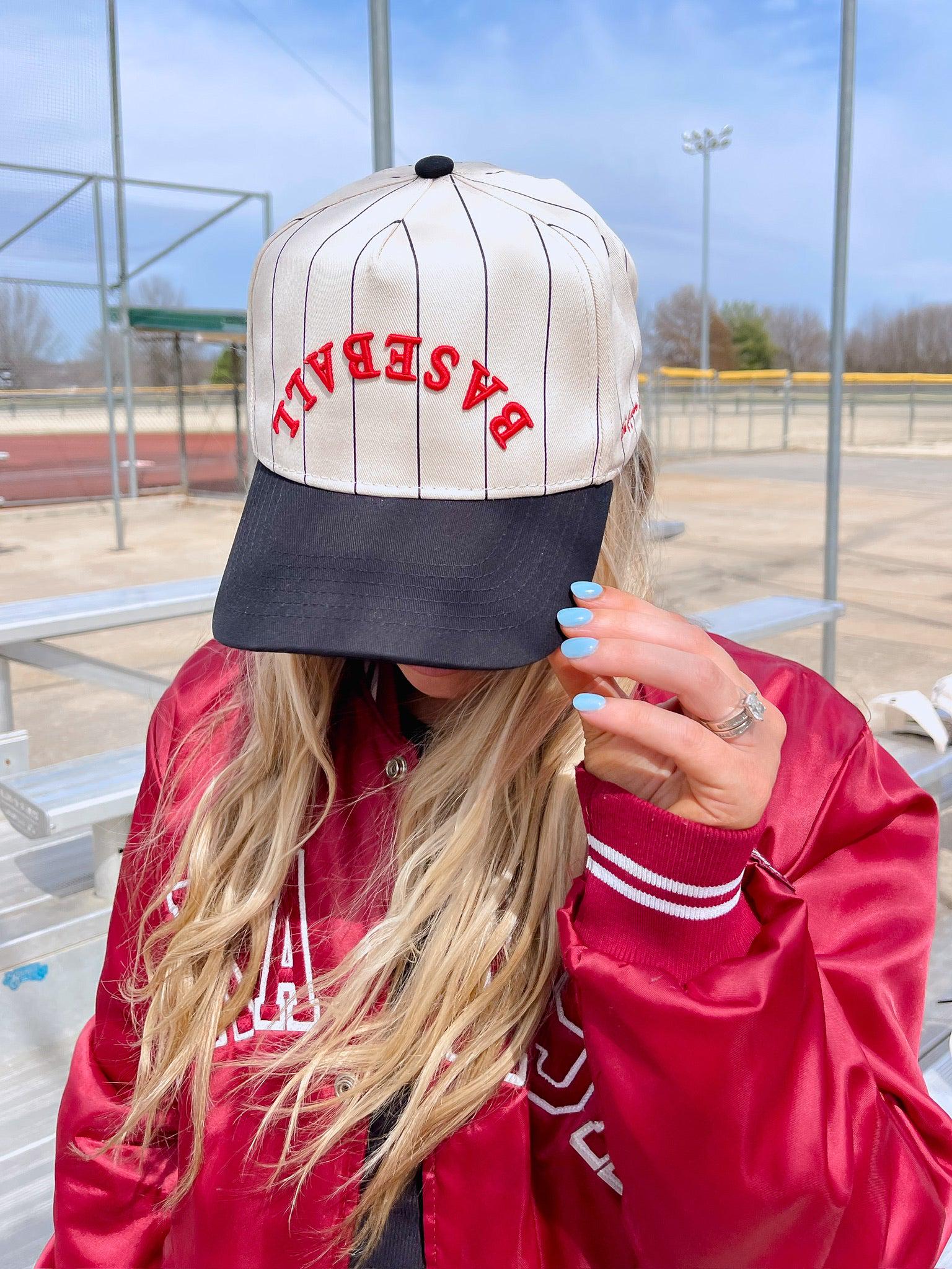 New Embroidered Play Ball Snapback Hat Cream Pinstripe Baseball hat Retro Style Baseball Pinstripe Vintage Hat | Red Embroidery Black Stripe  main image 2