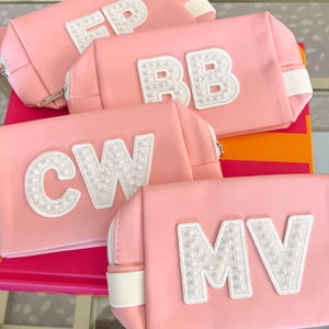 Pink Cosmetic Bag Customized With Varsity Letter Initial Patches | PERFECT BRIDESMAIDS GIFT | Makeup Bag | Glitter Patches