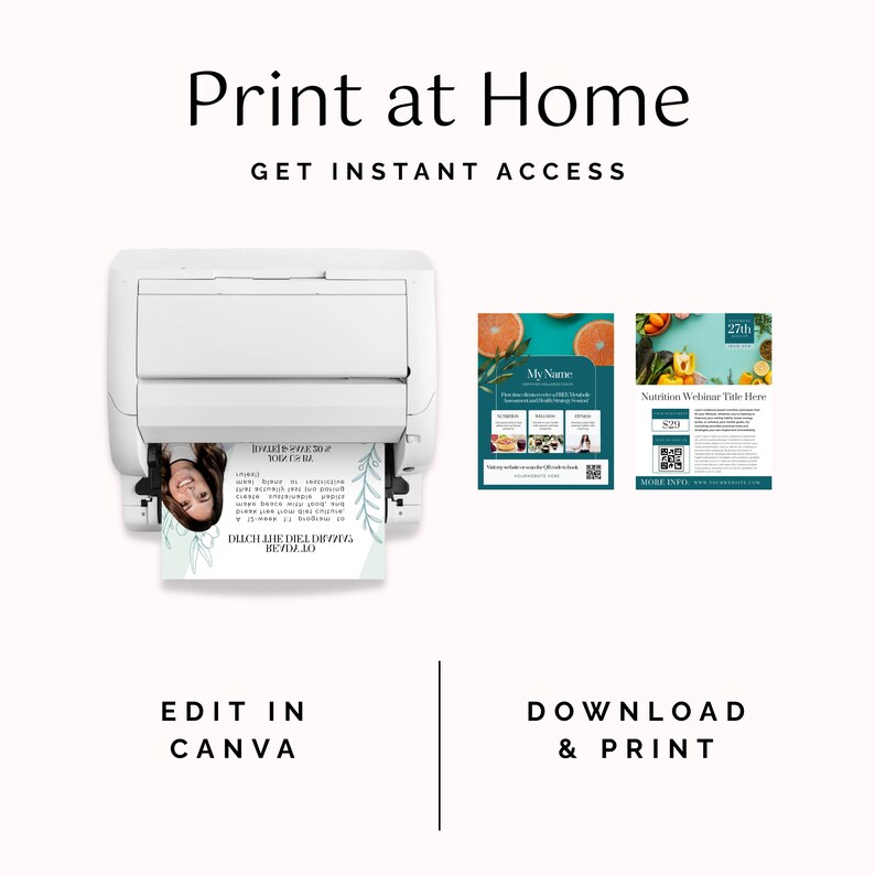 Puede incluir: Una impresora blanca imprimiendo un documento turquesa y blanco. La imagen incluye el texto "Print at Home" y "Get Instant Access". Tambi&eacute;n se muestran dos folletos turquesa y blancos. El texto "Edit in Canva" y "Download & Print" tambi&eacute;n son visibles.