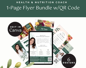 Paquete de folletos de Health Coach: Plantillas de Canva editables con código QR