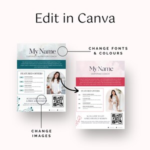 Puede incluir: Dos folletos promocionales con el texto "Edit in Canva" en la parte superior. Los folletos presentan el texto "My Name Certified Nutrition Coach" y "My Name Certified Coach". Cada folleto incluye un c&oacute;digo QR y las palabras "Scan code to get a free assessment" y "Scan code to get a free strategy session."