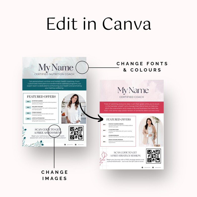 Puede incluir: Dos folletos promocionales con el texto "Edit in Canva" en la parte superior. Los folletos presentan el texto "My Name Certified Nutrition Coach" y "My Name Certified Coach". Cada folleto incluye un c&oacute;digo QR y las palabras "Scan code to get a free assessment" y "Scan code to get a free strategy session."