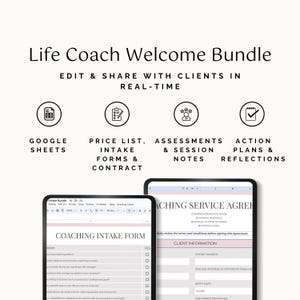 Life Coaching Welcome Package Onboarding | Coach Intake Forms | Edit and real-time share Google Sheets | Self-assessment worksheet, contract