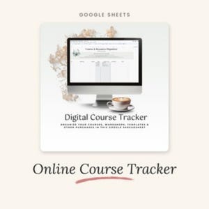 Online Course Tracker – Google Sheets – product preview on a cream background with the Creative Rebel Collective logo