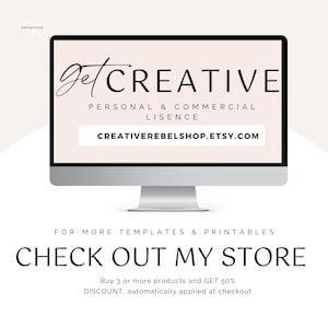 Puede incluir: Un monitor de ordenador muestra las palabras "get CREATIVE" en una fuente de escritura. Debajo, se lee "PERSONAL & COMMERCIAL LISENCE" y "CREATIVEREBELSHOP.ETSY.COM". El texto "CHECK OUT MY STORE" est&aacute; debajo del monitor.