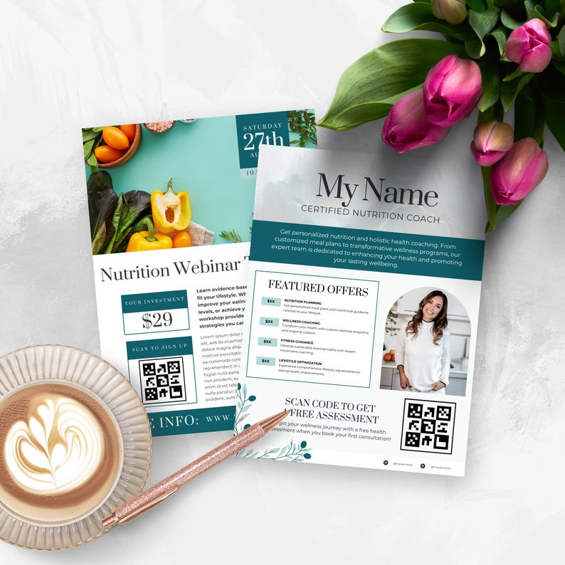 Puede incluir: Dos folletos blancos con texto y c&oacute;digos QR, uno que anuncia un seminario web de nutrici&oacute;n por 29 &euro;. El otro folleto promociona un entrenador de nutrici&oacute;n certificado con ofertas destacadas. Una taza de caf&eacute; y un bol&iacute;grafo est&aacute;n sobre la mesa.