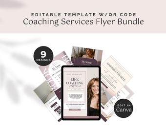 Life Coaching Services Flyer Template Bundle: 9 Editable Canva Designs w/ QR code