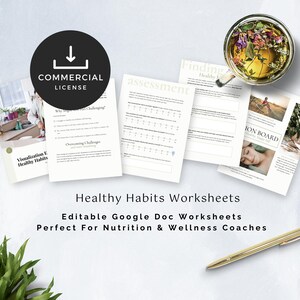May include: A collection of white worksheets with the text "Healthy Habits Worksheets" and "Editable Google Doc Worksheets". A cup of tea with flowers and a gold pen are also visible. A black circle with a download icon and the words "COMMERCIAL LICENSE" is in the image.