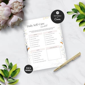 May include: A Daily Self-Care Checklist with floral accents and the text "Daily Self-Care Checklist." The checklist includes sections for morning, afternoon, and evening activities. A gold pen rests on the page.
