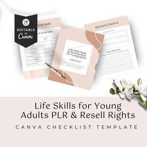 Könnte beinhalten: Eine druckbare Checklistenvorlage für junge Erwachsene mit dem Titel "Life Skills Audit & Development for Young Adults". Die Checkliste soll jungen Erwachsenen helfen, wichtige Lebenskompetenzen zu entwickeln. Die Vorlage ist in Canva bearbeitbar und enthält einen Abschnitt für vierteljährliche Kontrollen.