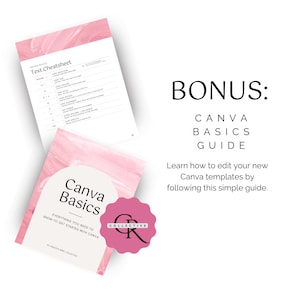 Puede incluir: Dos gu&iacute;as de Canva rosas y blancas y una hoja de trucos de texto se muestran sobre un fondo blanco. Las gu&iacute;as se titulan "Canva Basics" y "Text Cheatsheet". La imagen tambi&eacute;n incluye el texto "BONUS: CANVA BASICS GUIDE".